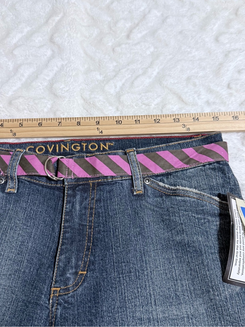 Covington Women's Dark Blue Flare Jeans with Pink Striped Belt - Size 6 - Picture 9 of 16